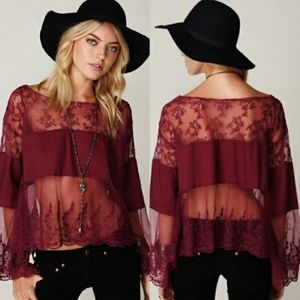Free People Top Crop Lace Panel Bell Sleeve Wine S